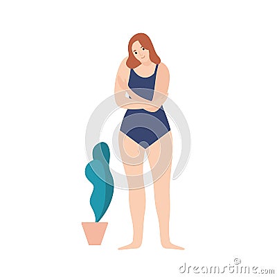 Self love and care flat vector illustration. Shy girl, european female cartoon character wearing swimsuit. Body care Vector Illustration