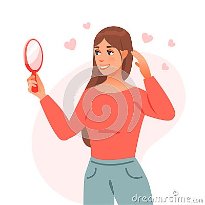 Self love concept. The girl admires herself in the mirror. Mental health. Vector Illustration