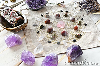 Self Love Crystal Grid and White Sage Stock Photo