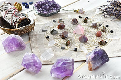 Self Love Crystal Grid and White Sage Stock Photo