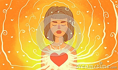 Self-love. A girl, framed by her own love, in a positive mood. Self-acceptance, self-respect Cartoon Illustration