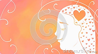 Self-love. A girl with hearts in her thoughts, in her head. Banner on the theme of love. Profile of a girl in love Cartoon Illustration