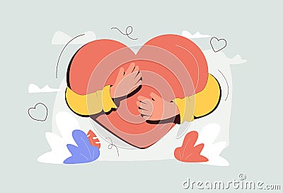Self love with heart hug as mental healthcare and esteem tiny person concept. Holding yourself and be proud about body. Vector Illustration