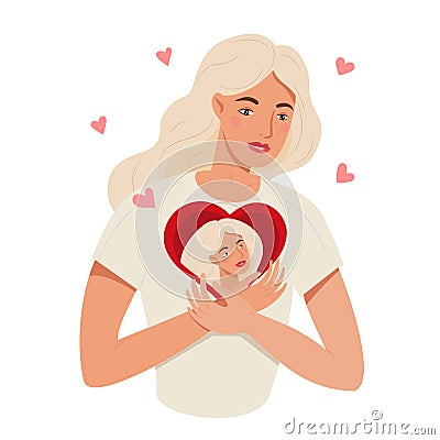 Self love and self care concept. Woman hugging heart with self image inside Vector Illustration