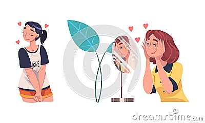 Self Love with Woman Character Admiring Herself Looking in Mirror Delighted with His Appearance Reflection Vector Set Vector Illustration