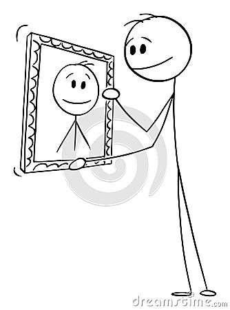 Self-loving Person Holding His Own Portrait Painting, Vector Cartoon Stick Figure Illustration Vector Illustration