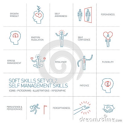 Self management soft skills linear icons Stock Photo