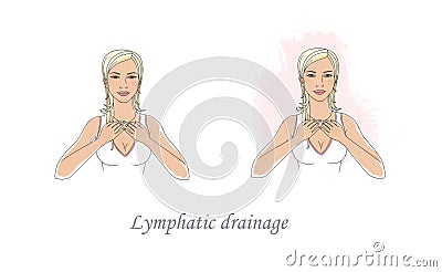 Self-massage and improvement of microcirculation. Lymphatic drainage of the face. The girl taps her fingers on her collarbones. Stock Photo