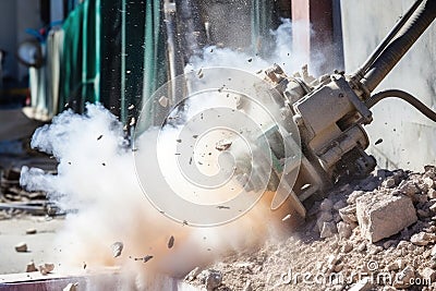 self-operating jackhammer breaking through a concrete wall at demolition site Stock Photo