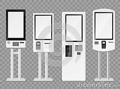 Self-ordering kiosk. Floor standing and wall interactive kiosks, terminal self payment for fast food retailers chains Vector Illustration