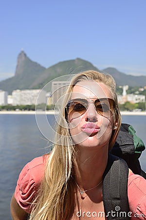 Self-portrait of blond young backpacker at Rio de Janeiro. Stock Photo