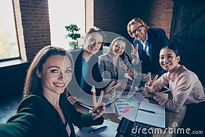Self-portrait of nice chic beautiful attractive stylish trendy dreamy elegant cheerful cheery bankers specialists Stock Photo