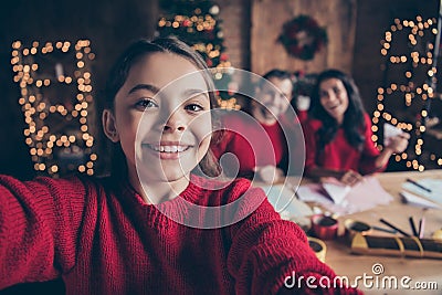 Self portrait of photographing shooting cozy comfort cheerful kind happy child people handmade wearing red pullover who Stock Photo
