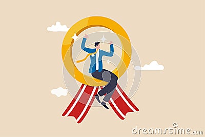 Self promotion, encouragement and motivate yourself for positive thinking and achieve success, happy businessman sitting on award Vector Illustration