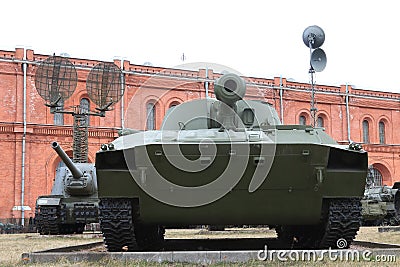 Self-propelled guns on the territory of museum in cloudy weather Stock Photo