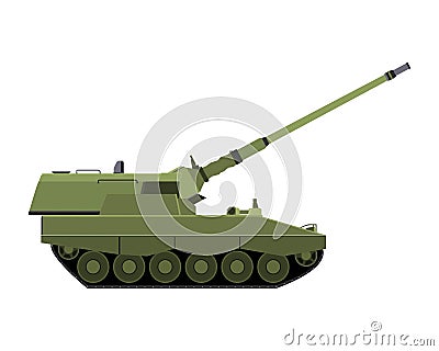 Self-propelled howitzer in flat style. Raised barrel. Military armored vehicle Cartoon Illustration