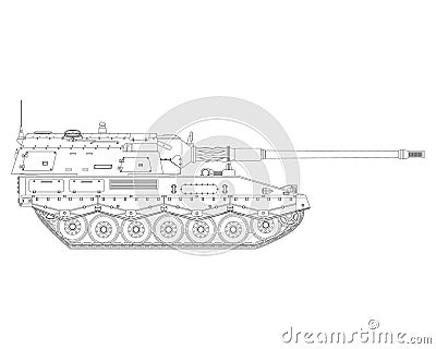 Self-propelled howitzer in line art. German 155 mm Panzerhaubitze 2000. Military armored vehicle Vector Illustration