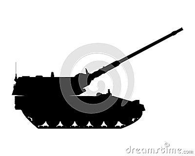 Self-propelled howitzer silhouette. Raised barrel. Military armored vehicle Vector Illustration
