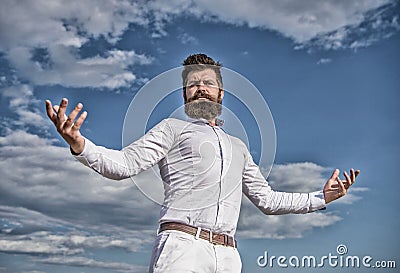 Self proud feeling. Hipster beard and mustache looks attractive white shirt. Guy enjoy top achievement. Superiority and Stock Photo