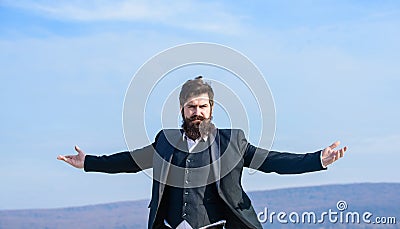 Self proud and narcissistic. Hipster bearded attractive enjoy freedom. Guy enjoy top achievement. Man bearded proud Stock Photo