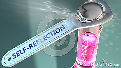 Self reflection open the way for happiness - shown as a happy bottle opened by Self reflection to symbolize the effect and impact Cartoon Illustration