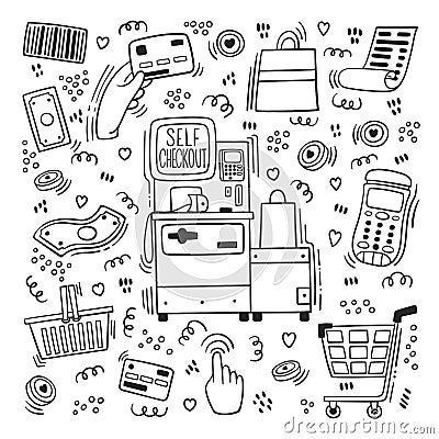 Self-service cashier or terminal doodle style. Vector set on `Self Checkout` shop cashier outline Vector Illustration