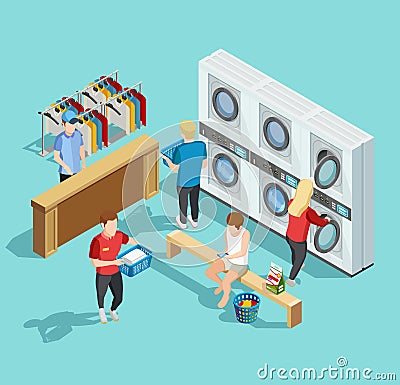 Self Service Laundry Facility Isometric Poster Vector Illustration