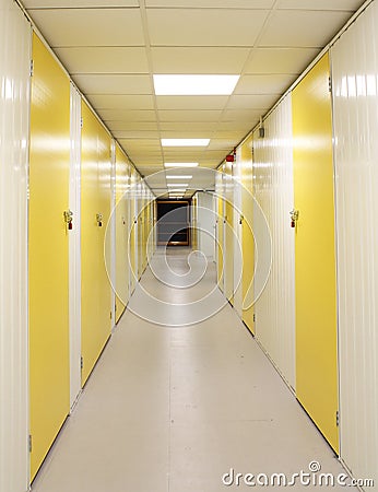 Self Storage Corridor with yellow Doors Stock Photo