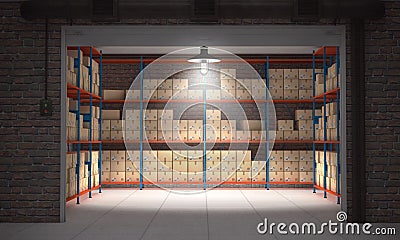 Self storage unit full of cardboard boxes. 3d rendering Stock Photo