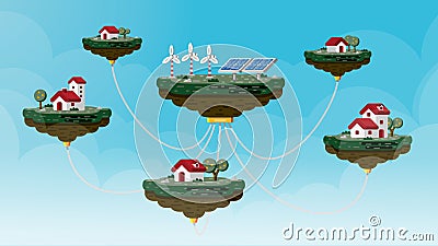 Floating Islands Connected to Solar and Wind Power Sustainable Energy Ecosystem Vector Illustration