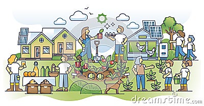 Self sufficient community with local organic food growing outline concept Vector Illustration