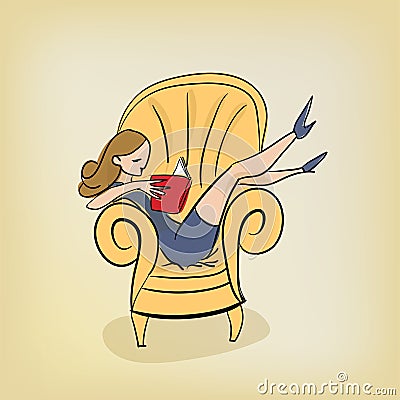 Self-sufficient girl reads book In the armchair vector illustration read fashionable concept Cartoon Illustration