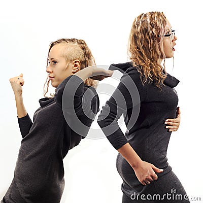 Self talk concept. Young woman talking to herself, showing gestures. Double portrait from two different side views. Stock Photo