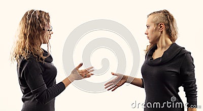 Self talk concept. Young woman talking to herself, showing gestures. Double portrait from two different side views. Stock Photo