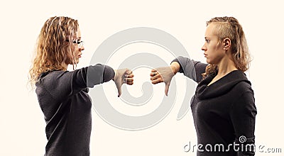 Self talk concept. Young woman talking to herself, showing gestures. Double portrait from two different side views. Stock Photo