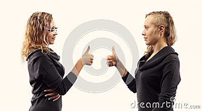 Self talk concept. Young woman talking to herself, showing gestures. Double portrait from two different side views. Stock Photo