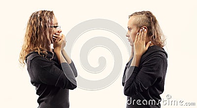 Self talk concept. Young woman talking to herself, showing gestures. Double portrait from two different side views. Stock Photo