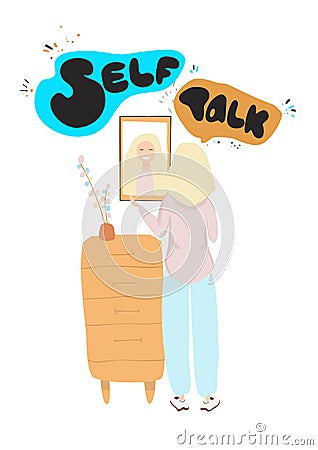 Self-talk for healthy mental reflection. Consulting monologue for improvement and acceptance. Solving communication problem. Vector Illustration