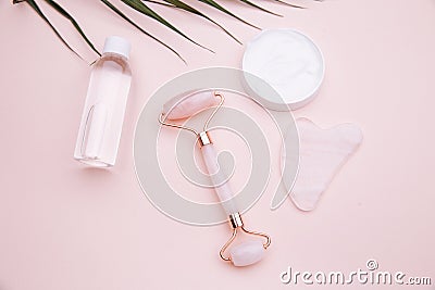 Selfcare, relaxation and beauty care concept. Modern apothecary or home spa composition on pink background Stock Photo