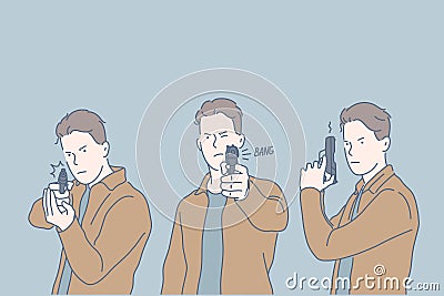 Selfdefense, criminal, shot, set concept Vector Illustration