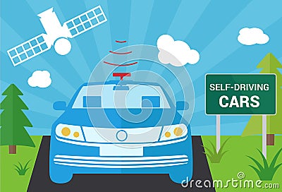 Selfdriving car with navigation sensor and satellite vector Vector Illustration