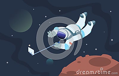 Selfie astronaut. Fanny cosmonaut taking photos in space on smartphone. Vector cartoon cute spaceman poster Vector Illustration