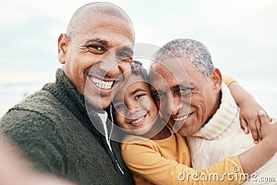 Selfie, beach or black family with a father, son and grandfather posing outdoor in nature for a picture together Stock Photo