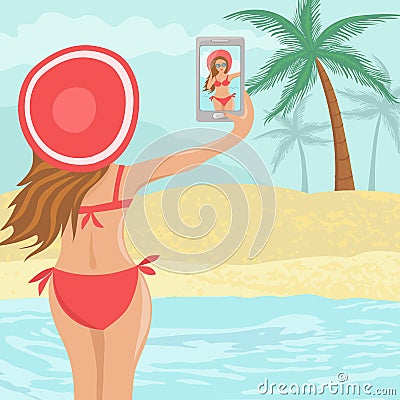 Selfie beautiful girl on beach Vector Illustration