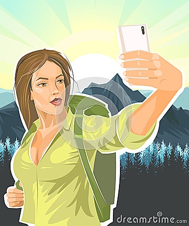 Selfie. Beautiful girl tourist. Backpack. Against backdrop of a landscape with mountains, coniferous forest and sunrise Vector Illustration