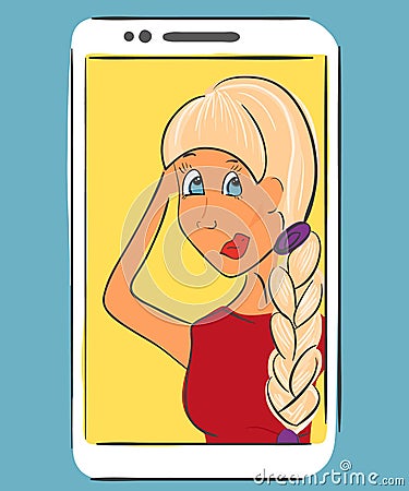 Selfie of blond girl. Handdrawn vector Vector Illustration
