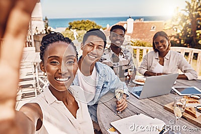 Selfie of business people at restaurant having a collaboration marketing discussion with laptop and champagne glasses or Stock Photo