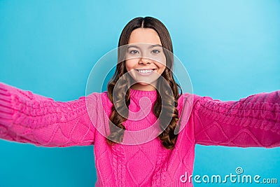 Selfie closeup photo blogger young lady teenager take shot wear pink jumper toothy beaming optimist smile isolated on Stock Photo