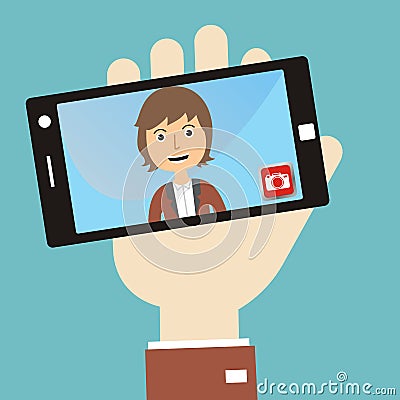 Selfie concept with young man self portrait with mobile phone ca Vector Illustration