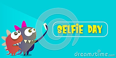 Selfie day horizontal banner with cartoon funny monster taking a selfie isolated on blue background. Selfi day cartoon Vector Illustration